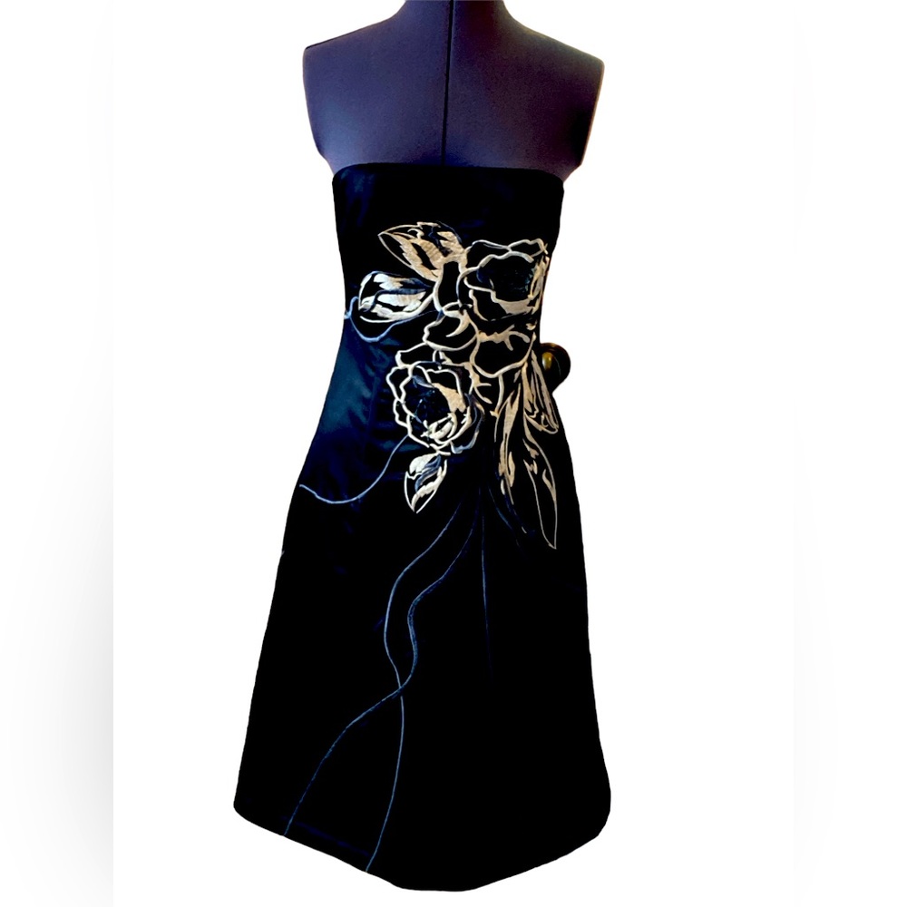 Strapless Black Satin Embroidered & Beaded Dress - Sz 2
